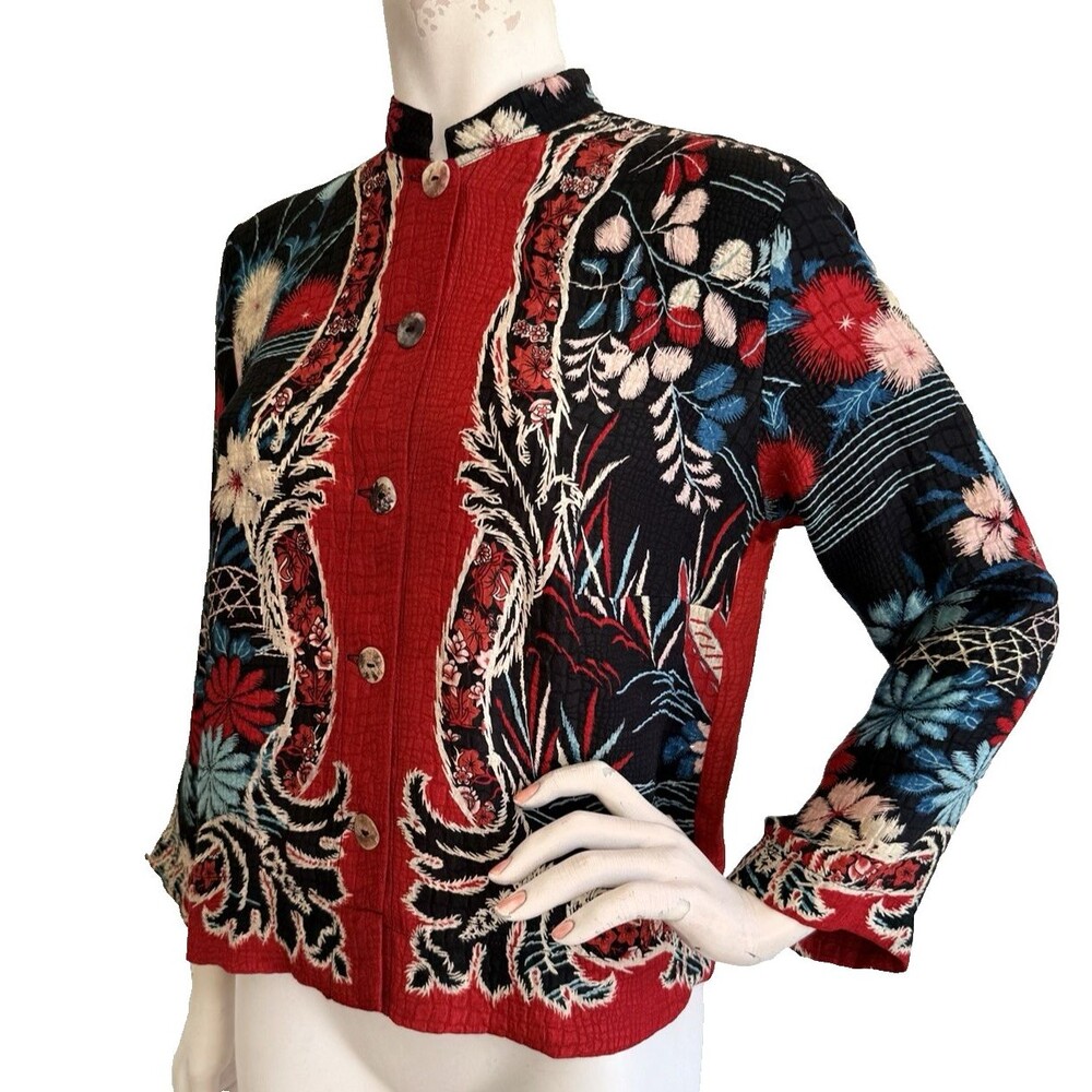CITRON Santa Monica 100% Silk Top Jacket Red Black Floral Asian Art to Wear S